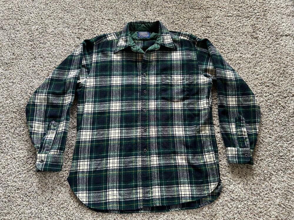 Vtg 60/70s Pendleton Virgin Wool Shirt Men's L Green Tartan Plaid Warm USA G26